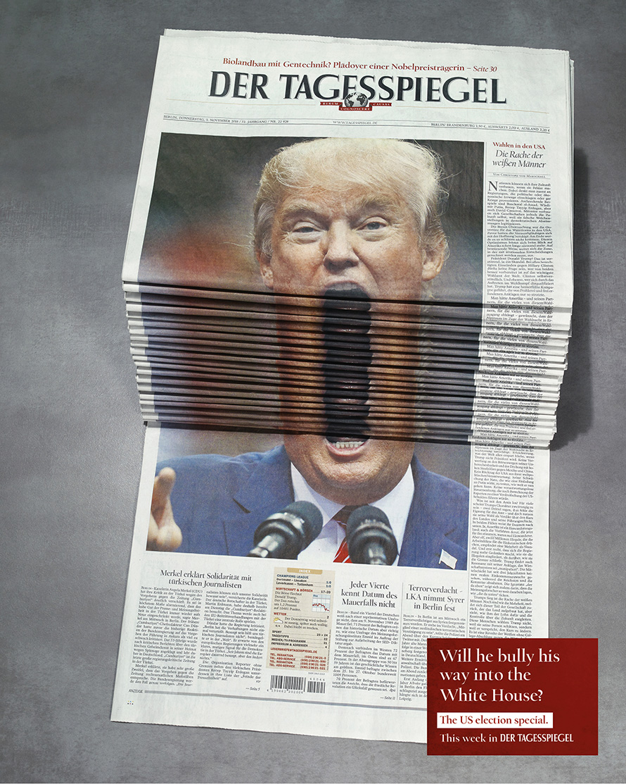 Cannes'da ödül alan en yaratıcı 19 outdoor çalışması Tagesspiegel_Newspaper-Stack_Trump