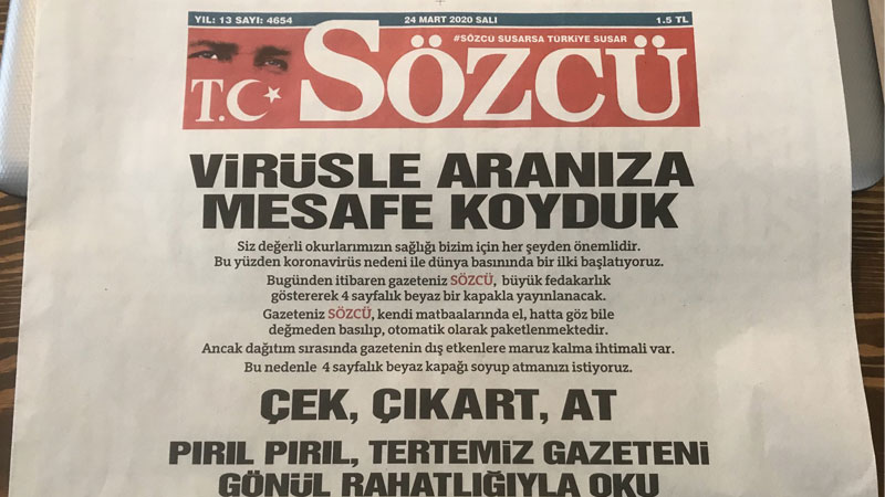 SÖZCÜ gazetesi corona ile arasına mesafe koydu: 4 sayfalık beyaz kapak SÖZCÜ gazetesi corona ile arasına mesafe koydu: 4 sayfalık beyaz kapak
