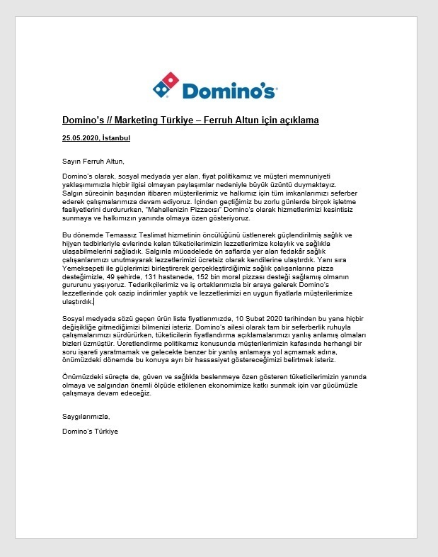 Domino's’tan sosyal medyada yükselen eleştirilere Marketing Türkiye’ye özel açıklama geldi: “Tüketicilerin fiyatlandırma açıklamalarımızı yanlış anlamış olmaları bizleri üzmüştür...” Domino's’tan sosyal medyada yükselen eleştirilere Marketing Türkiye’ye özel açıklama geldi: “Tüketicilerin fiyatlandırma açıklamalarımızı yanlış anlamış olmaları bizleri üzmüştür...”