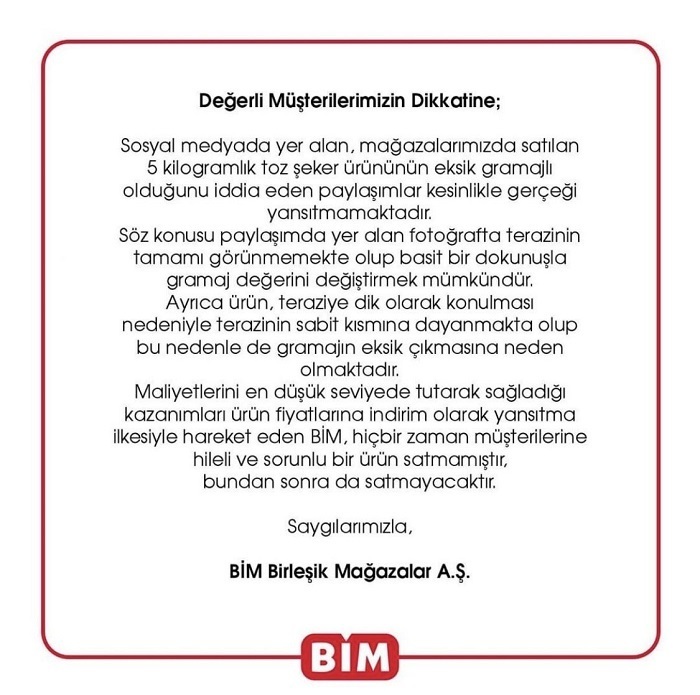 BİM'den eksik gramajlı ürün iddialarına dair açıklama geldi! BİM'den eksik gramajlı ürün iddialarına dair açıklama geldi!