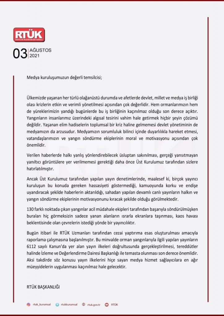 RTÜK'ün medya kuruluşlarına gönderdiği yazı