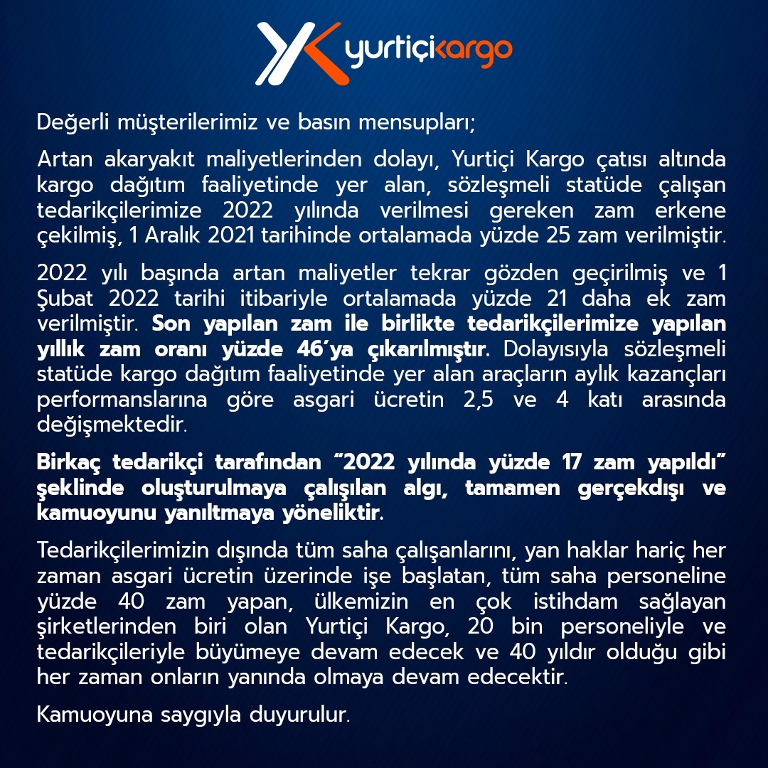 Zam kriziyle ilgili Yurtiçi Kargo'dan ilk açıklama geldi Zam kriziyle ilgili Yurtiçi Kargo'dan ilk açıklama geldi