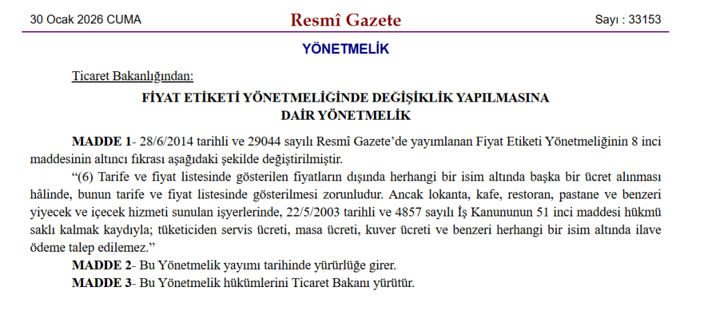 Resmi Gazete'de yayımlandı: Restoranlarda servis, masa ve kuver ücretine son